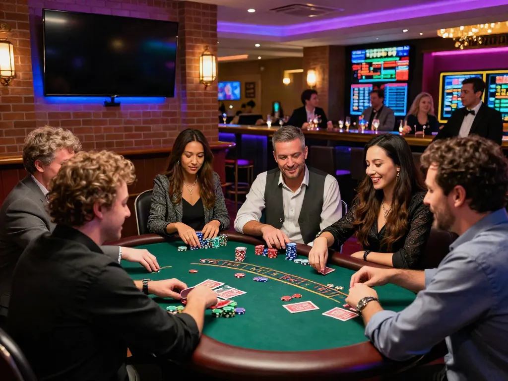 Excited players enjoying blackjack at credit card casinos with vibrant decor and live dealer.
