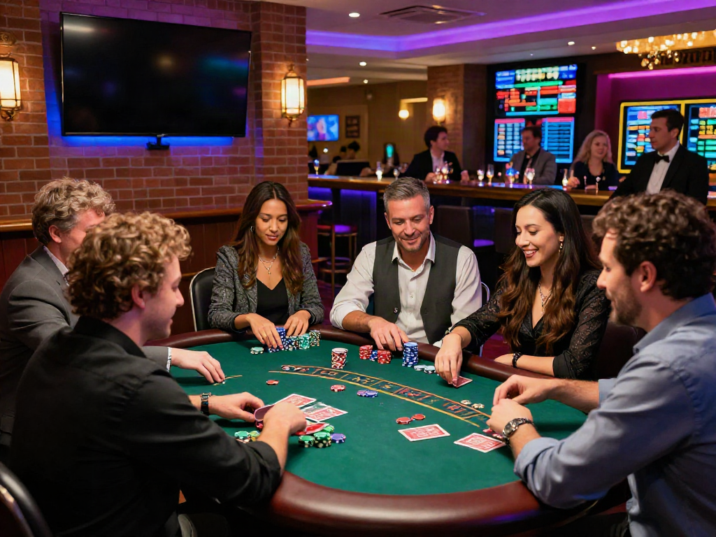 Excited players enjoying blackjack at credit card casinos with vibrant decor and live dealer.