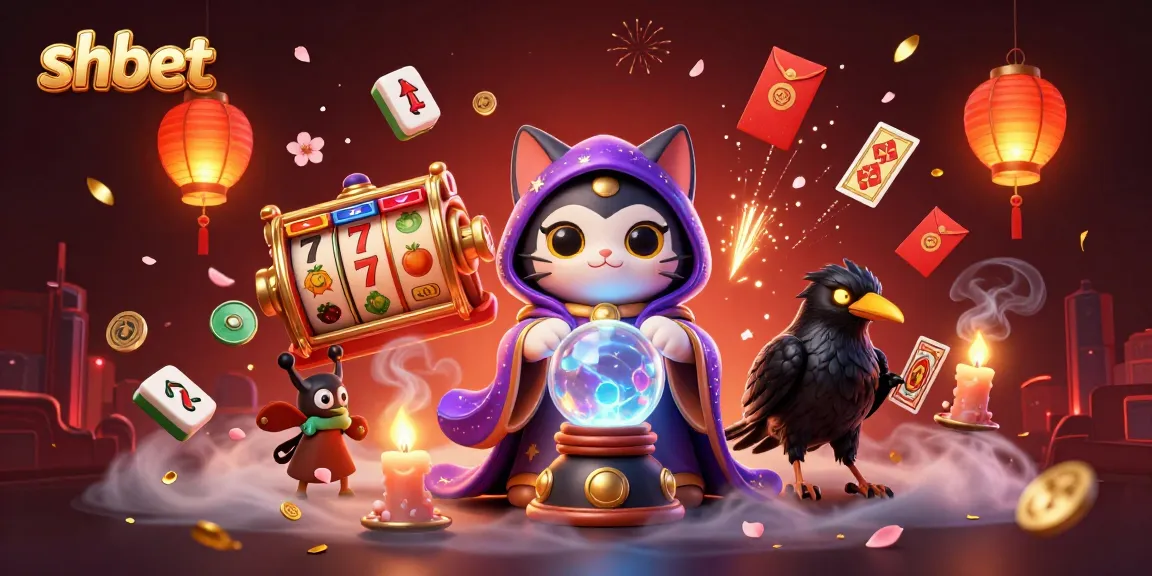 Experience shbet with a mystical cat, raven, and slot game elements in a vibrant casino environment.