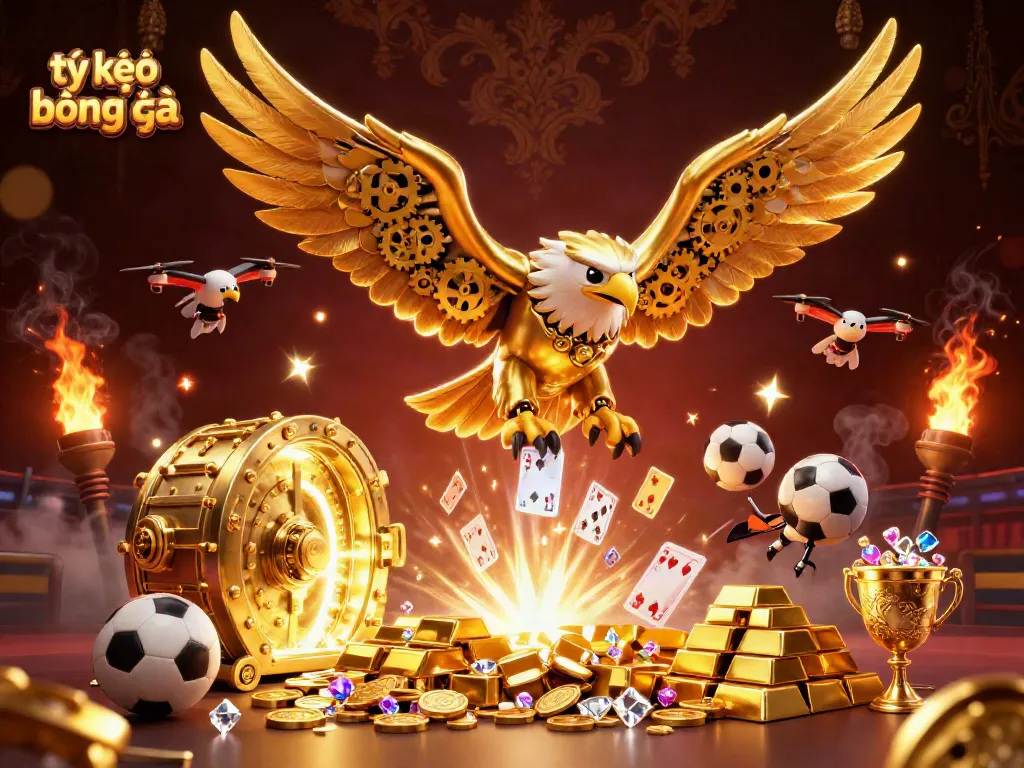 Engaging 3D illustration showcasing tỷ lệ kèo bóng đá with cybernetic eagle and sports elements, ideal for betting enthusiasts.