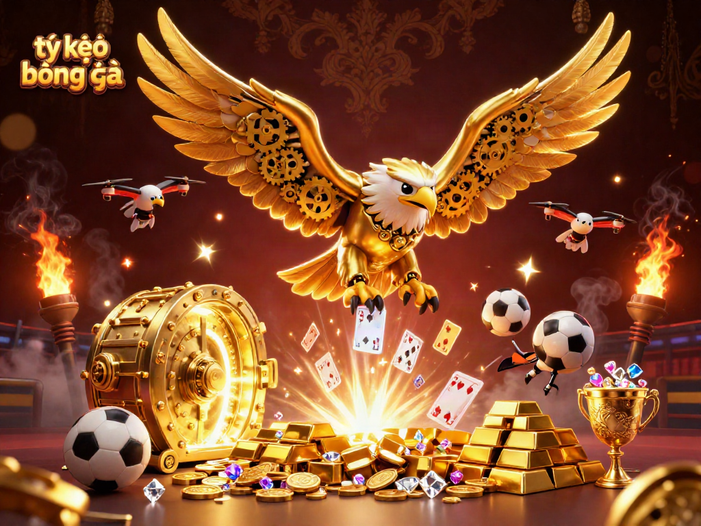 Engaging 3D illustration showcasing tỷ lệ kèo bóng đá with cybernetic eagle and sports elements, ideal for betting enthusiasts.