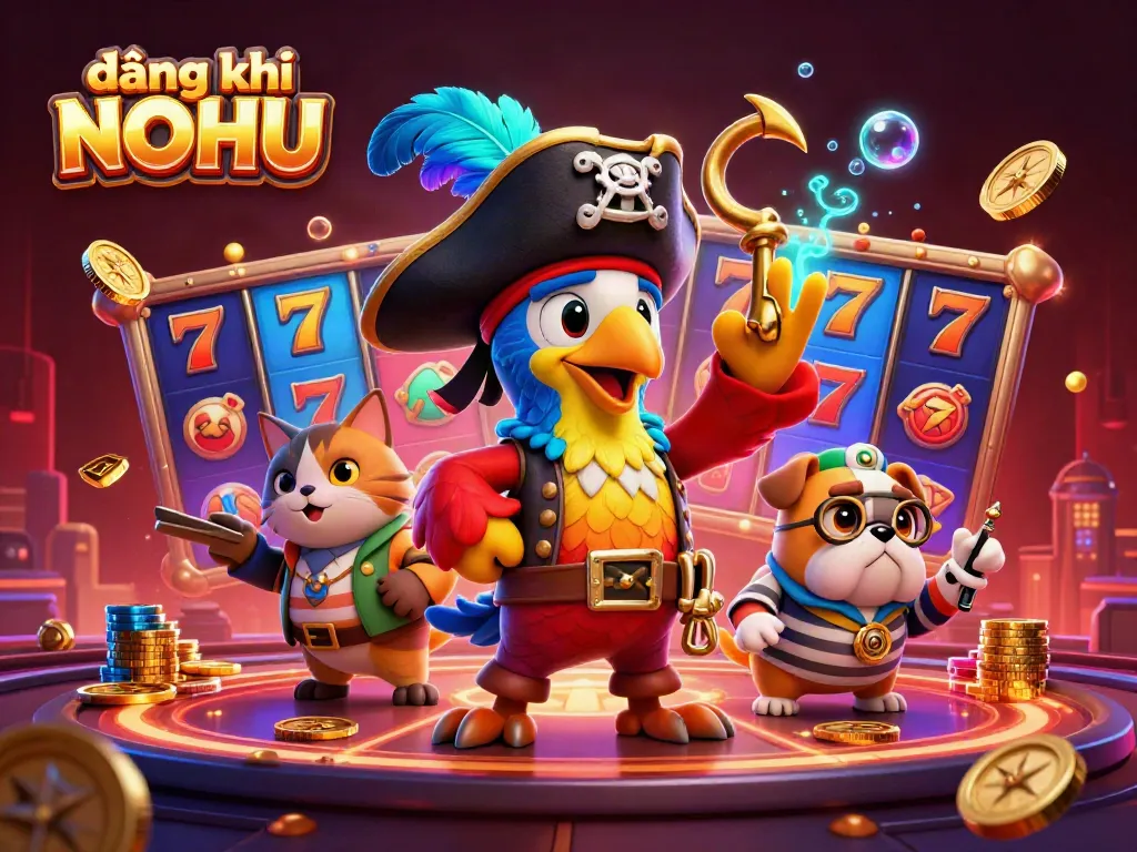Experience the excitement of đăng ký NOHU as characters engage in thrilling slots action in a vibrant casino scene.