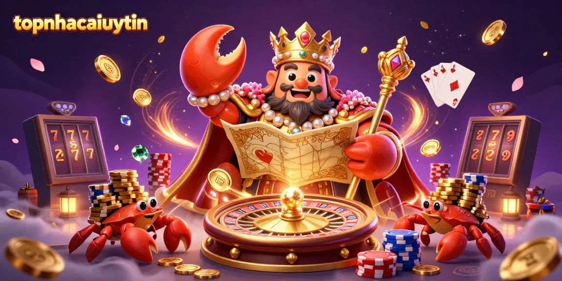 topnhacaiuytin showcases a vibrant casino scene with a golden crab emperor amidst cascading coins and vibrant cards.