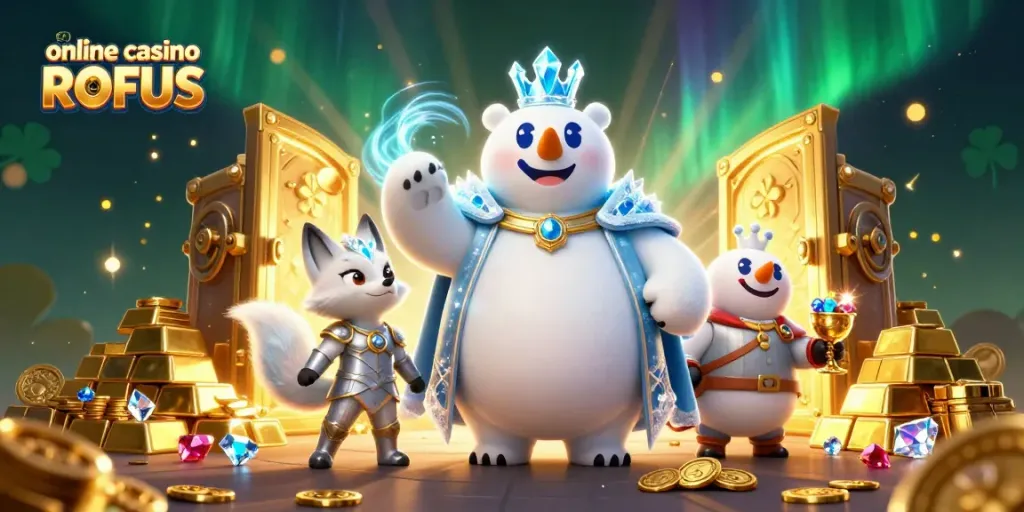 Experience thrilling gameplay at online casino uden ROFUS with the ice king and snow fox amidst treasures.