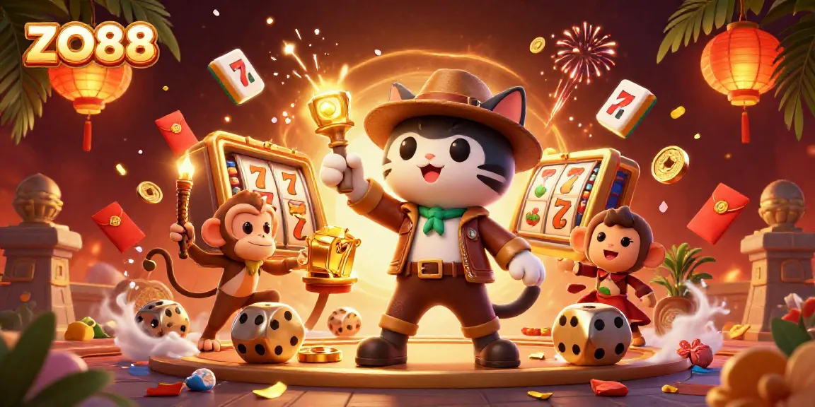 Experience ZO88 thrills as the explorer cat unveils a golden casino artifact amidst dynamic gaming elements.