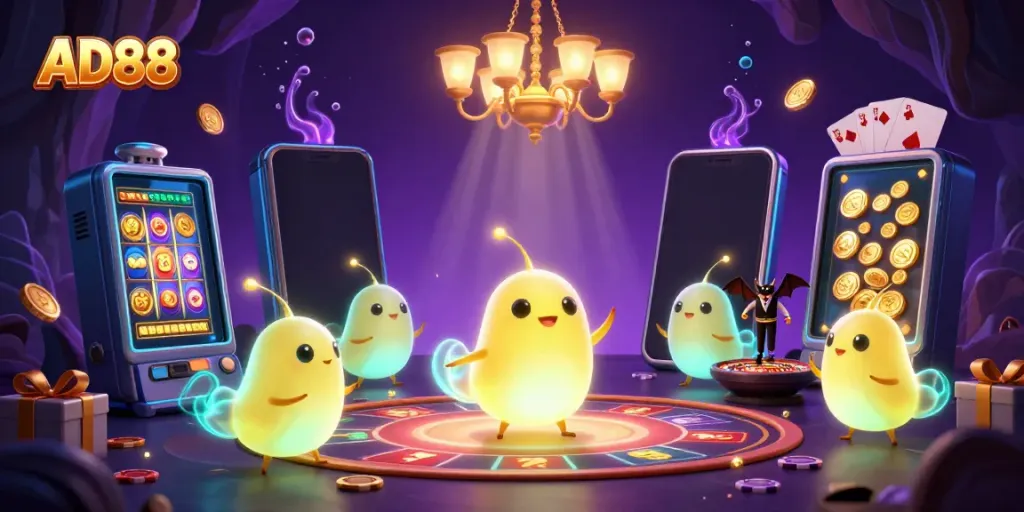 Experience the exciting world of AD88 with glowworms illuminating a vibrant cave casino scene.
