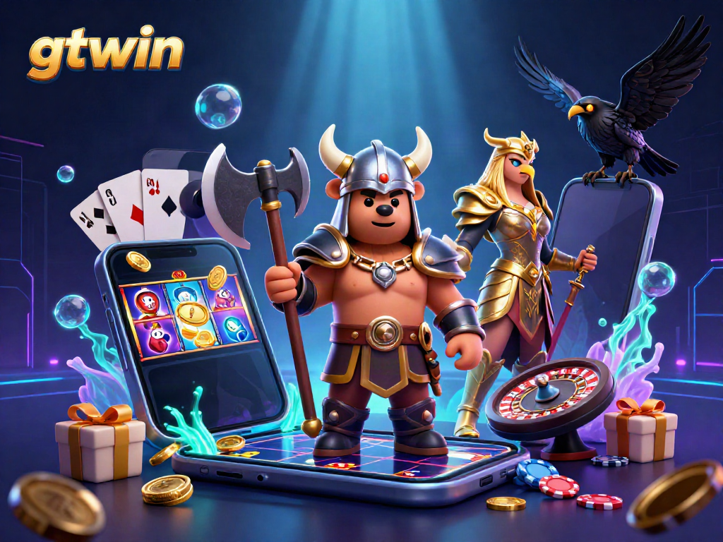 Experience gtwin's thrilling gaming with a 3D Viking bear, Valkyrie eagle, and vibrant slot elements.