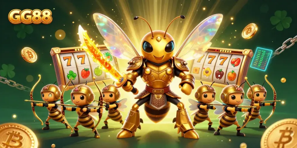 Engage with GG88's vibrant online casino gaming illustrated by dynamic slots and golden characters.