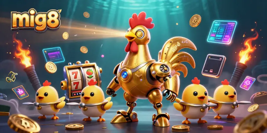 Experience thrilling gaming as mig8's golden rooster robot engages in a spectacular jackpot battle.