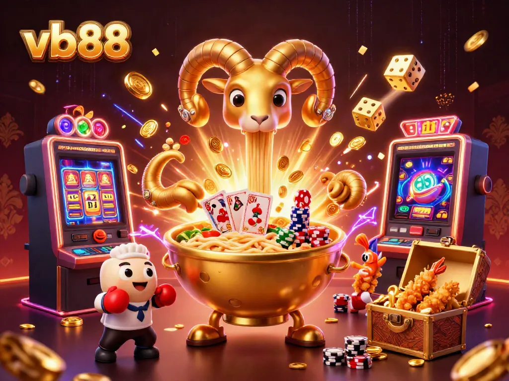 vb88 slots scene with a giant ramen bowl dealer, vibrant jackpot explosion, colorful casino elements