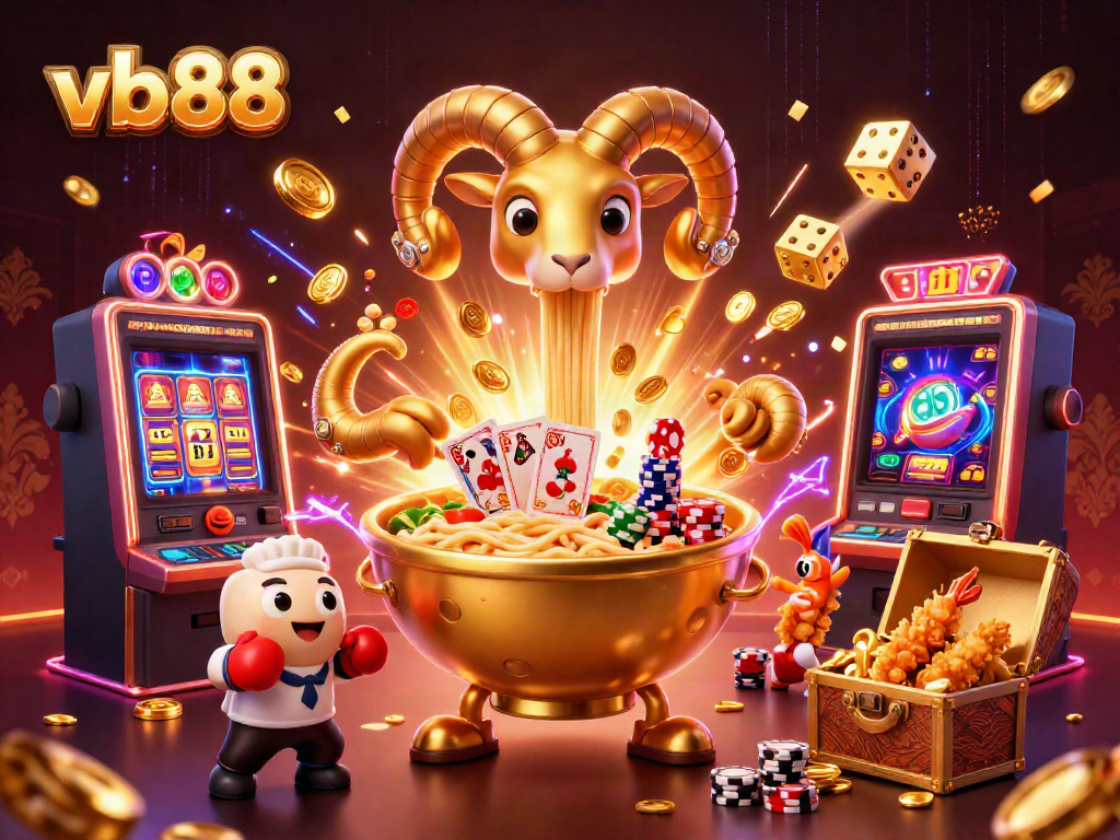 vb88 slots scene with a giant ramen bowl dealer, vibrant jackpot explosion, colorful casino elements