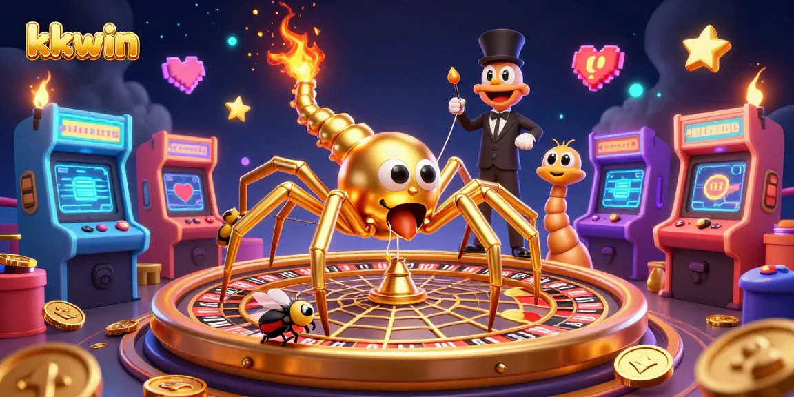 Experience thrilling gaming with kkwin: A golden spider and croupier create an enchanting casino scene.