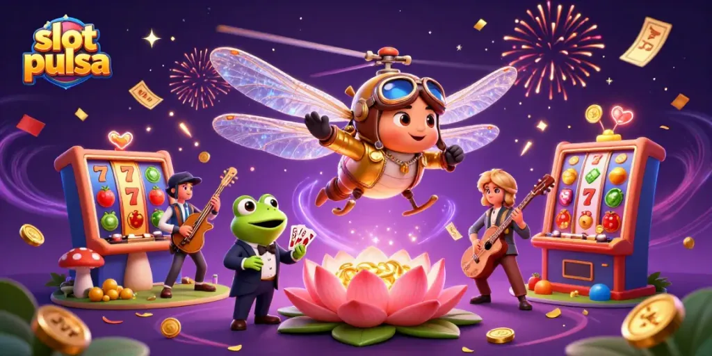 Experience engaging slot pulsa action with a vibrant 3D casino scene filled with characters and game elements.