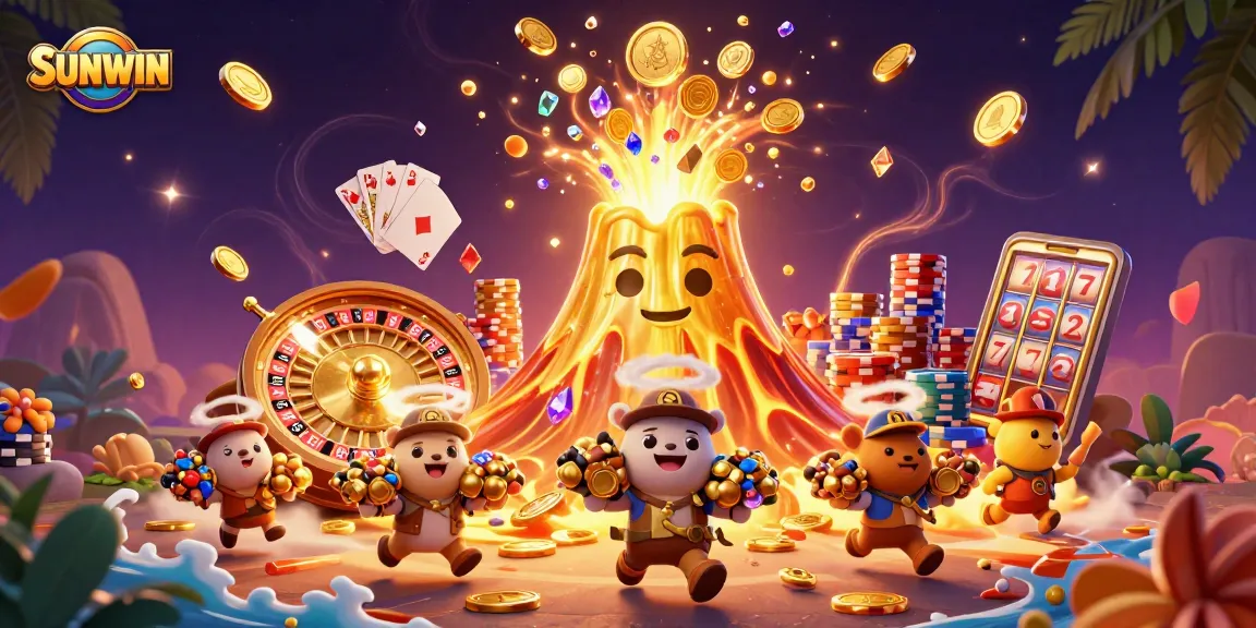 SUNWIN features an erupting volcano showering coins and gems, emphasizing winning in online gambling.