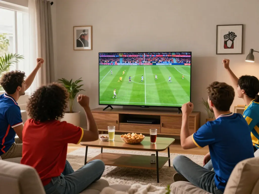 Friends enjoying a thập cẩm tv football match together in a living room.