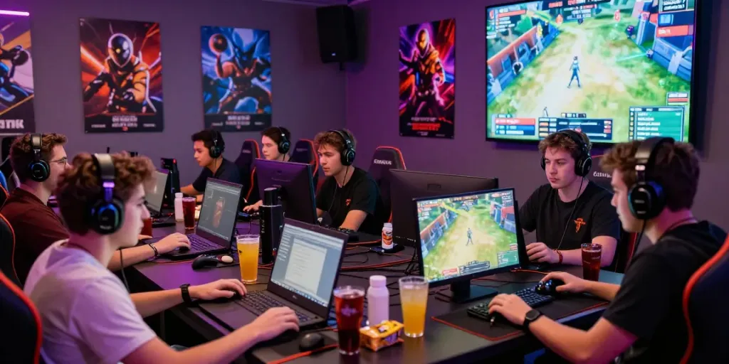Engaging gaming competition scene highlighting rokok88 link alternatif, showcasing diverse players immersed in virtual gameplay.