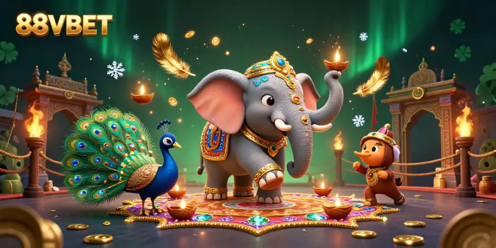 Engage in the vibrant world of 88VBET with a colorful 3D casino illustration featuring a Diwali-themed elephant.