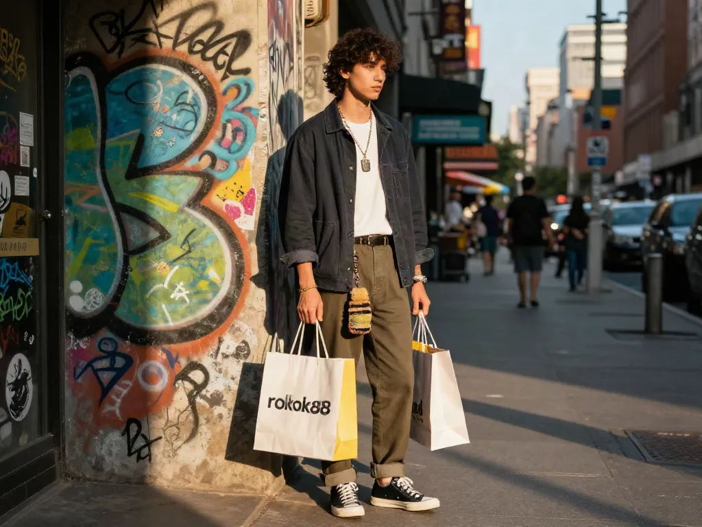 Stylish individual showcasing rokok88 fashion against colorful graffiti backdrop.