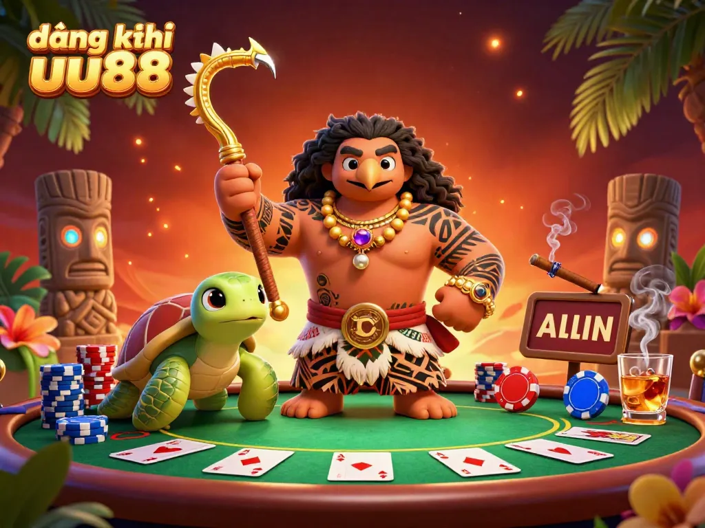 Enjoy the vibrant and engaging scene of đăng ký uu88, featuring a Polynesian demigod and poker action in a lively casino setting.