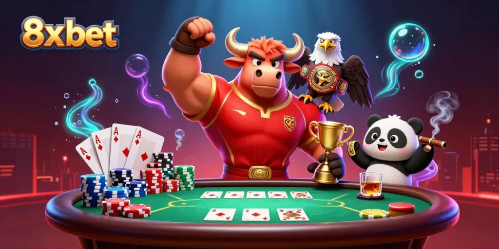 Win big with 8x bet in an exciting casino scene featuring a victorious bull mascot, eagle, and panda.