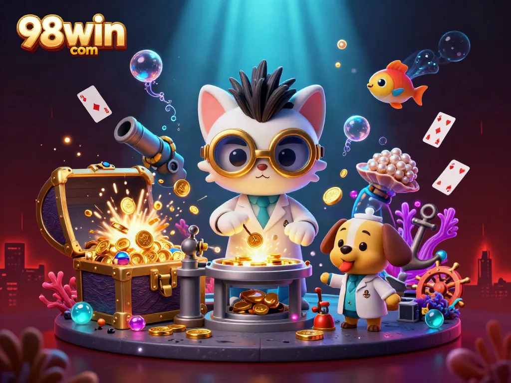 Experience thrilling games at 98win com with gold coins and lively cartoon action in a vibrant casino scene.