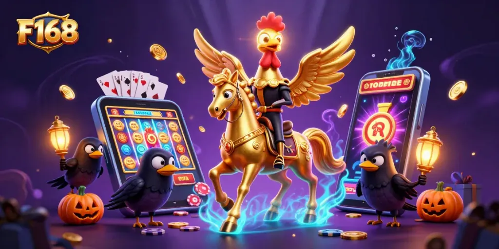 Experience thrilling wins at F168 with vibrant slot games and dynamic casino elements in a stunning 3D illustration.