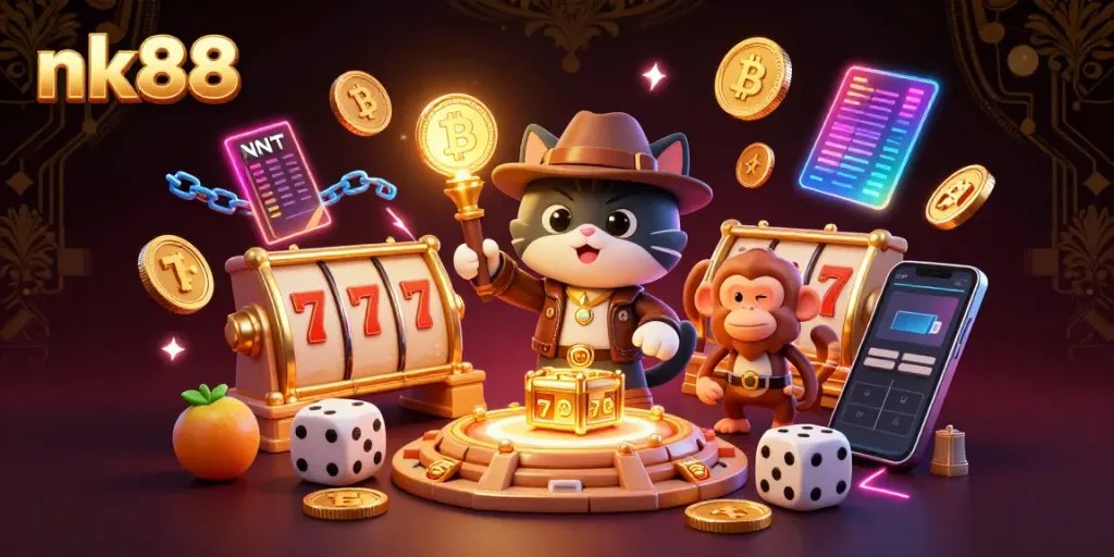Experience nk88 with an anthropomorphic cat explorer uncovering riches in a casino-themed adventure.