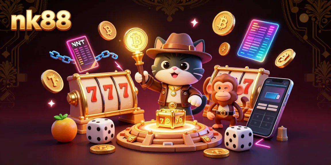 Experience nk88 with an anthropomorphic cat explorer uncovering riches in a casino-themed adventure.