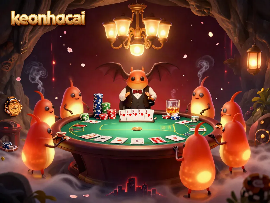 Experience vibrant action at the keonhacai casino with glowworms lighting up the scene, enhancing the poker atmosphere.