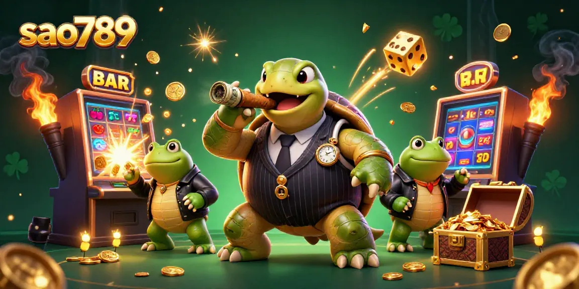 Experience the thrill of gaming at sao789 with a vibrant 3D illustration featuring a snapping turtle mobster and casino elements.