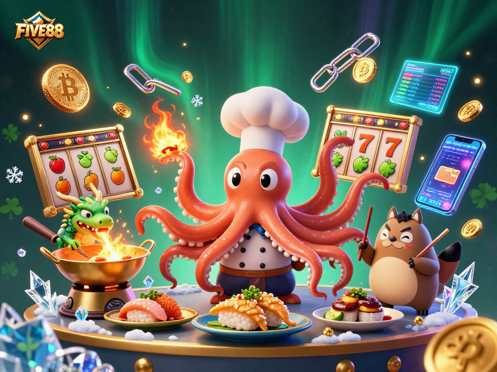 FIVE88 offers an exciting slot experience, showcasing vibrant characters amidst golden winnings and crypto elements.