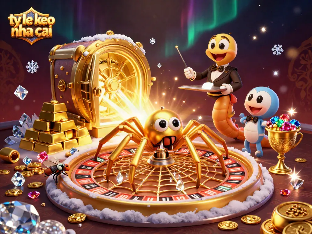 Engage with ty le keo nha cai in a dynamic casino scene featuring spinning web and vibrant treasures.