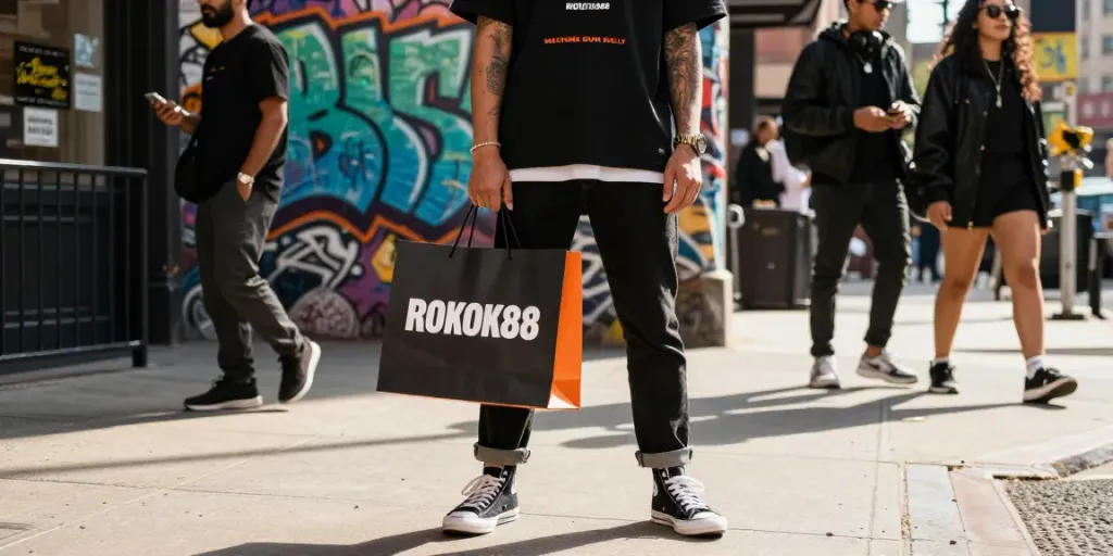 Person in trendy Machine Gun Kelly apparel from ROKOK88 against urban street art.