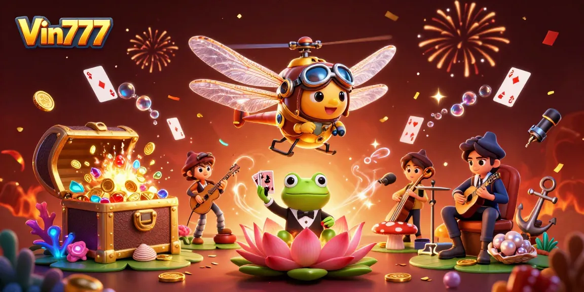 Experience thrilling games at Vin777 with an exciting casino scene featuring a vibrant dragonfly pilot and frog croupier.