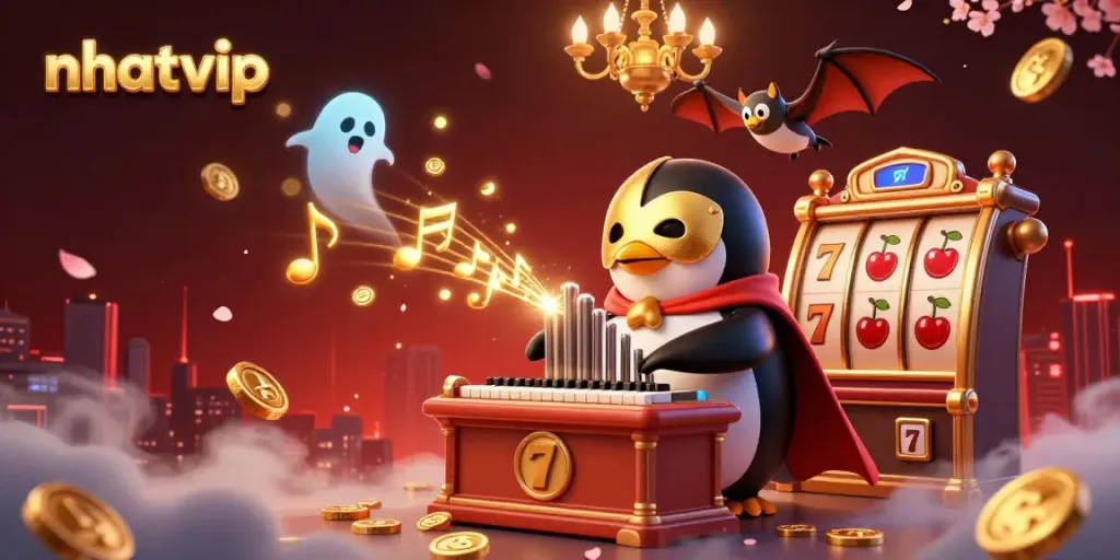 Nhatvip's vibrant gaming scene featuring an animated penguin and bat, celebrating slots with dynamic visuals.