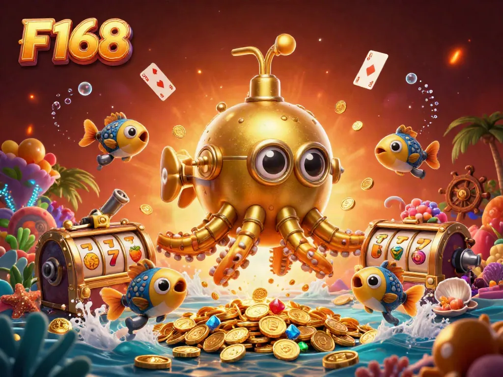 Win big with F168 in this vibrant online casino scene featuring slot reels and golden treasures.
