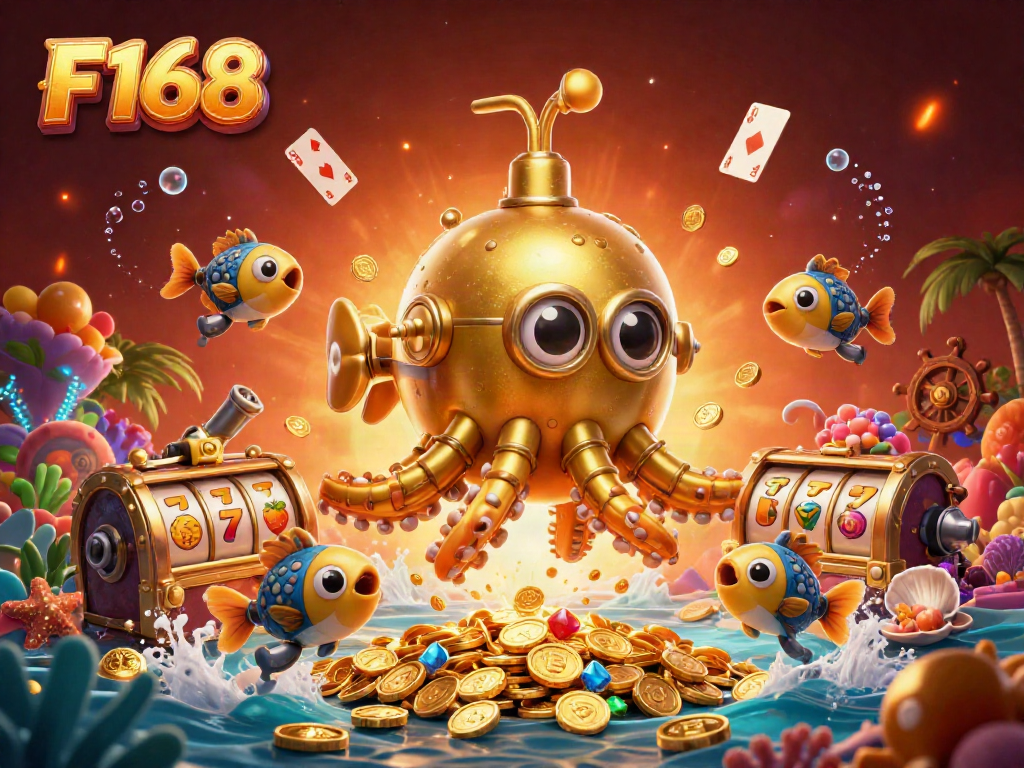 Win big with F168 in this vibrant online casino scene featuring slot reels and golden treasures.