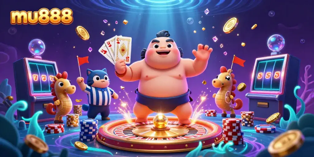 Spin the immersive mu888 casino experience with vibrant 3D cartoon characters and gaming elements.