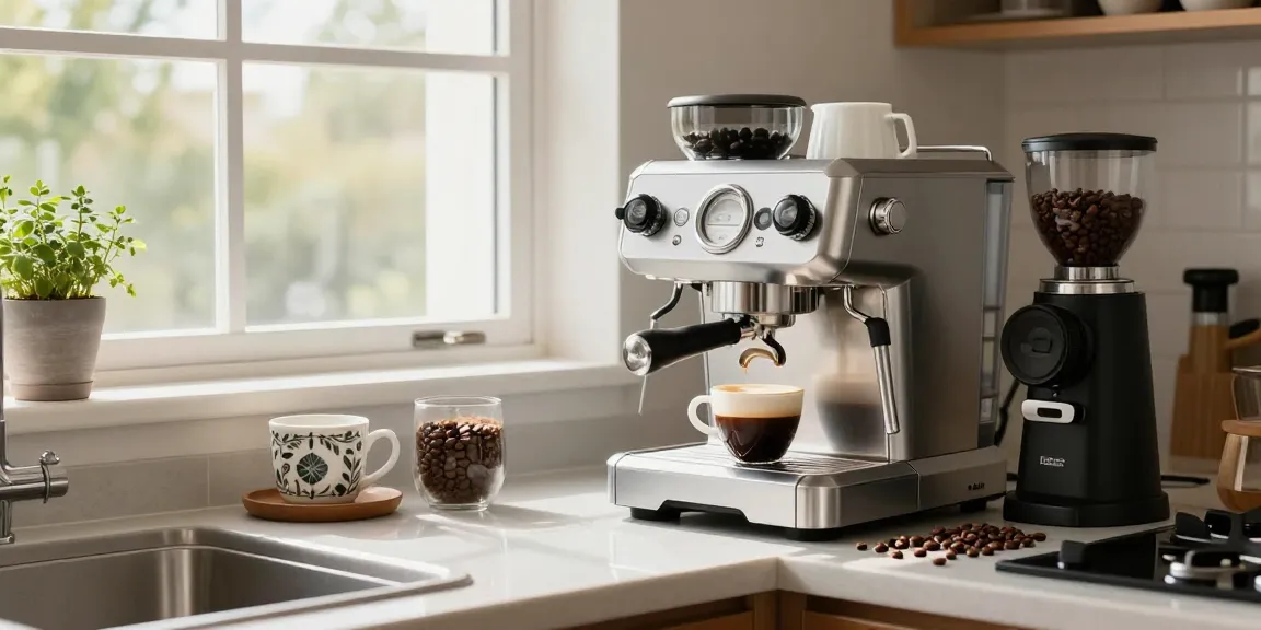 ROKOK88 espresso machine brewing a rich cup of coffee in a modern kitchen.