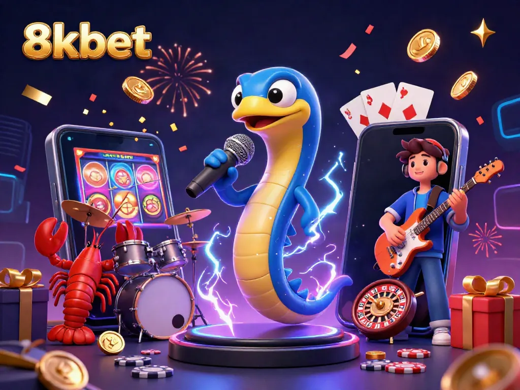 Experience the thrilling excitement of 8kbet with a lively underwater casino scene featuring a DJ electric eel, lobster drummer, and seahorse guitarist.