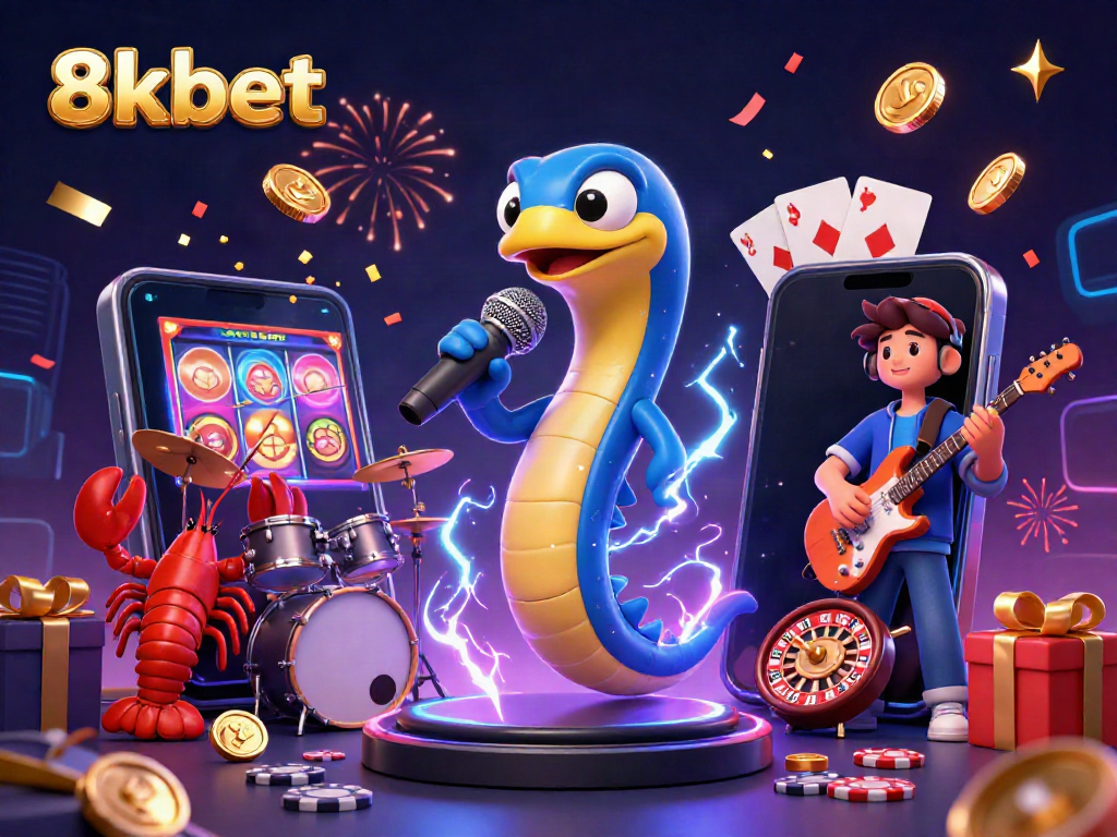 Experience the thrilling excitement of 8kbet with a lively underwater casino scene featuring a DJ electric eel, lobster drummer, and seahorse guitarist.