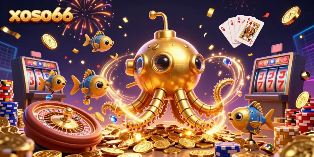 Engage with xoso66 through an exciting 3D casino adventure featuring a golden kraken submarine and dynamic game elements.