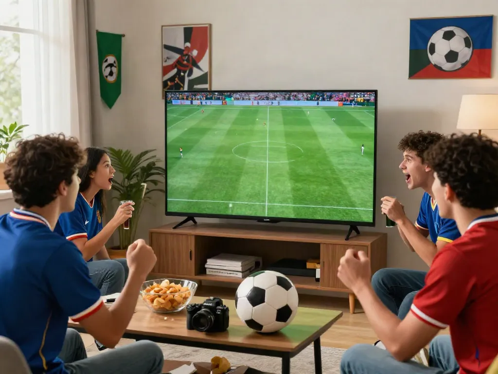 Football fans enjoying a live match while watching cà khại tv with excitement and camaraderie.