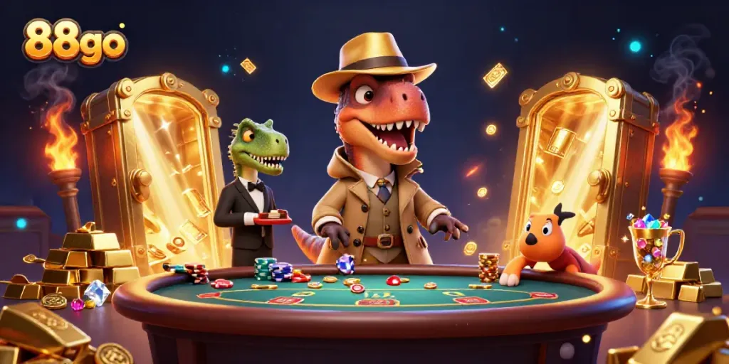 Catch the excitement at 88go with a cunning velociraptor at a blackjack table, as treasure bursts forth!