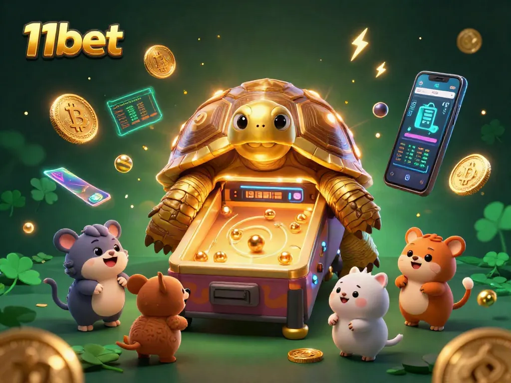 Engage with 11bet's dynamic gaming scene featuring a golden tortoise and cryptocurrency elements.