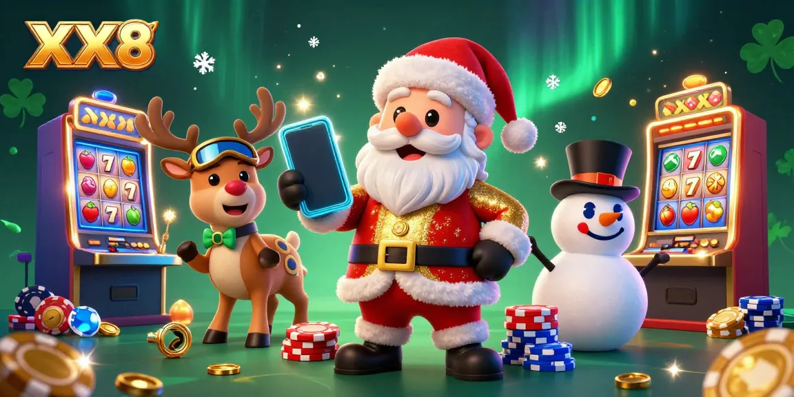 Experience the thrill of slot games with XX8, featuring a festive casino scene with colorful slot machines and characters.