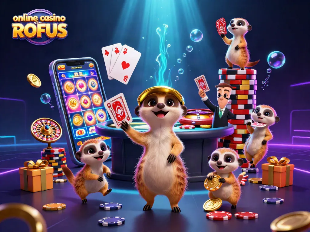 Experience the thrill of an online casino uden ROFUS with meerkats engaging in dynamic gaming activities amidst vibrant casino elements.