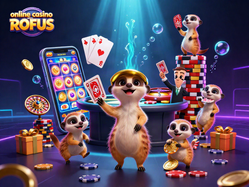 Experience the thrill of an online casino uden ROFUS with meerkats engaging in dynamic gaming activities amidst vibrant casino elements.