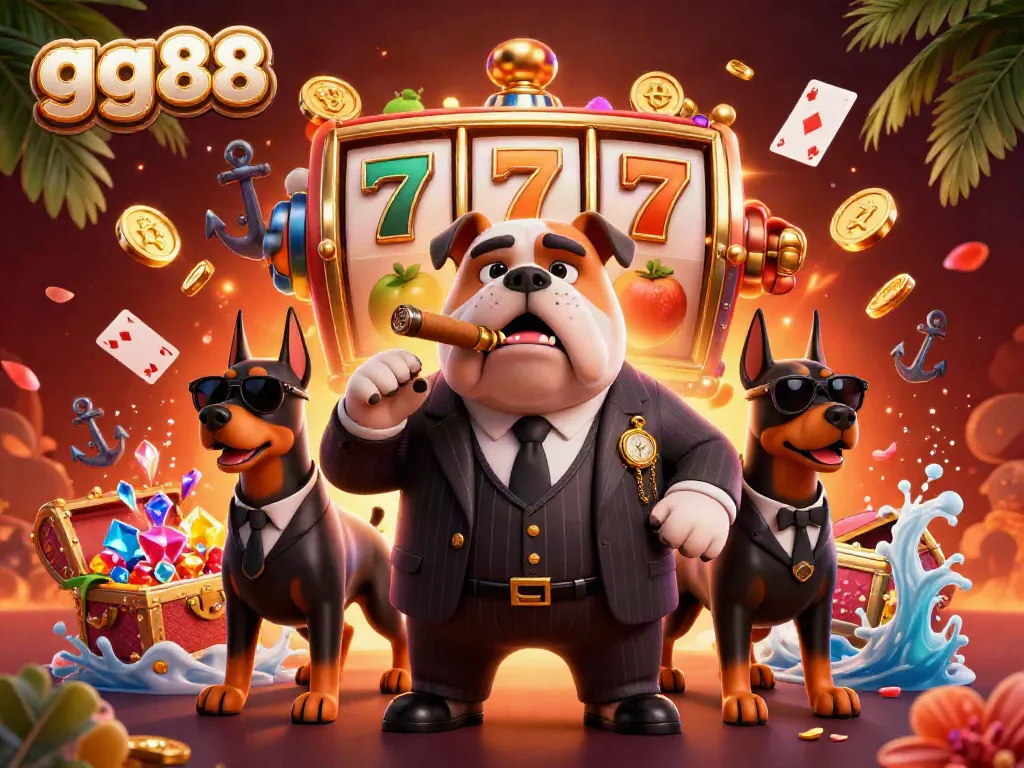 Engaging illustration depicting gg88 with a mafia boss bulldog and bodyguard Dobermans among slot reels and vibrant game elements.