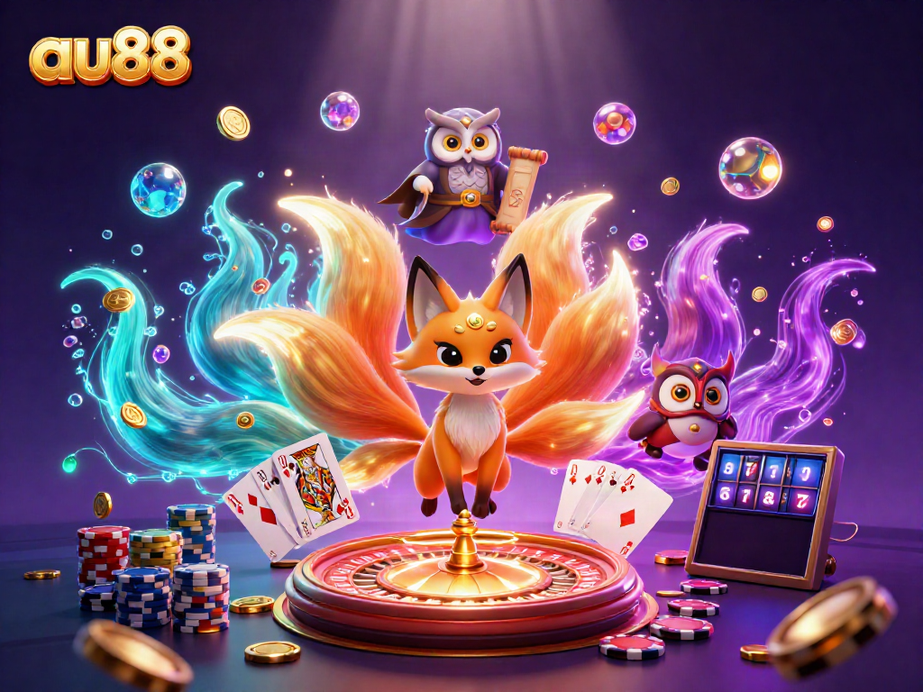 Engage with the enchanting universe of au88, where a mystical fox spirit and a wise owl illuminate the casino scene.